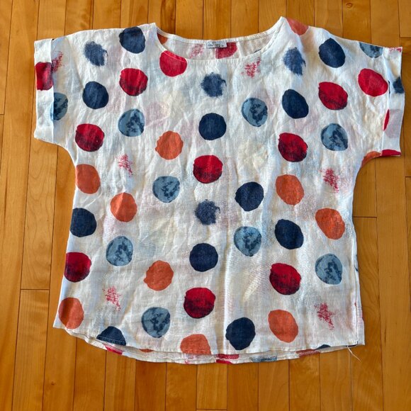 PURE VENICE 100% Linen T-shirt Polka Dot Colourful Size Small - Picture 1 of 10